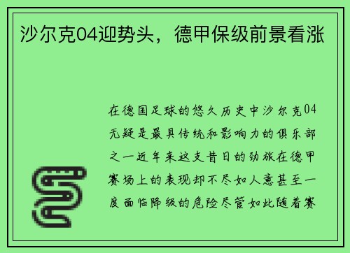 沙尔克04迎势头，德甲保级前景看涨